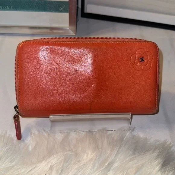 Authentic CHANEL Zip Around Long Wallet Purse Camellia Leather Orange GUC - Picture 1 of 12